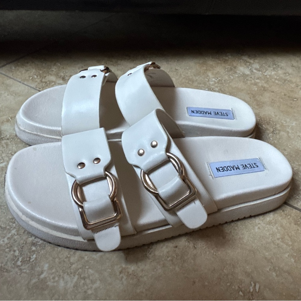 STEVE MADDEN Hanni Dual Buckle Strap Slide Sandals - Women’s 7.5 US - Bone Ivory